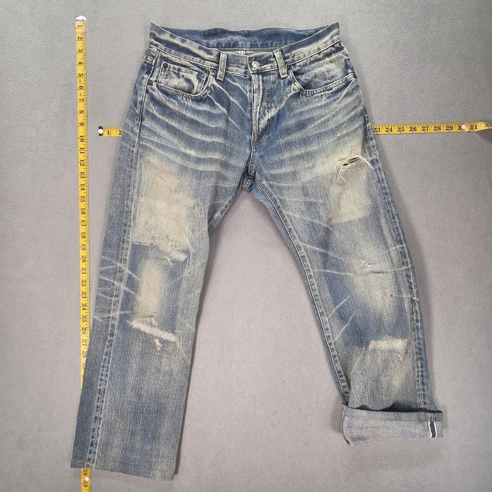 Japanese Selvedge Jeans Mens Light Wash Blue Straight Thrashed Fits 30x27